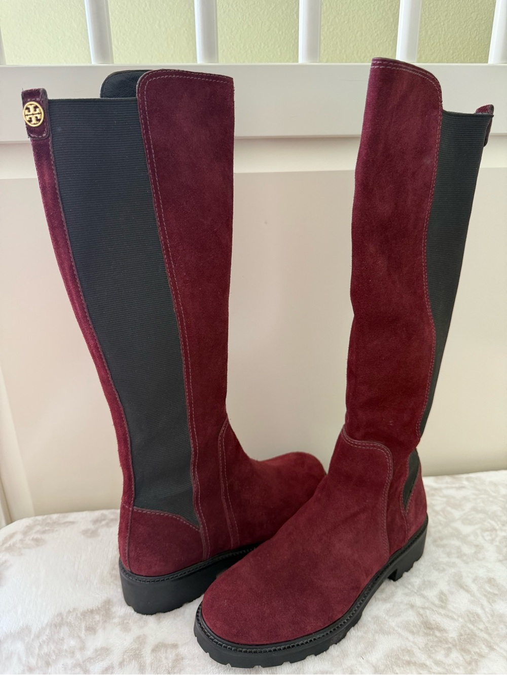 Tory Burch Burgundy Suede Tall Riding Lug Sole Boots Gold Logo